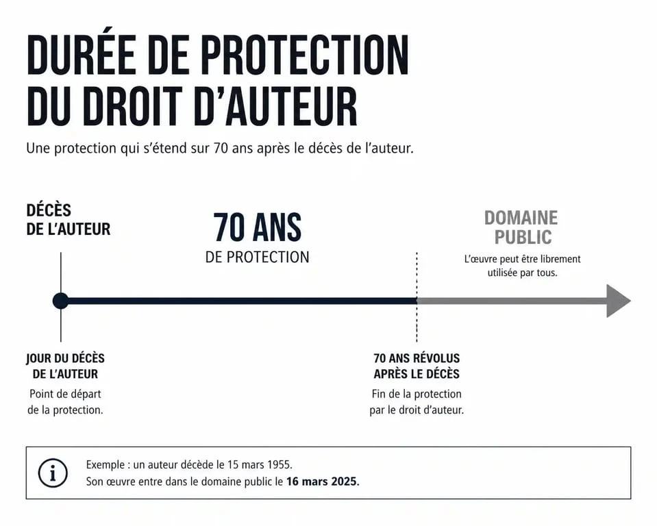 Schéma explicatif de la durée de protection du droit d'auteur et de l'entrée dans le domaine public