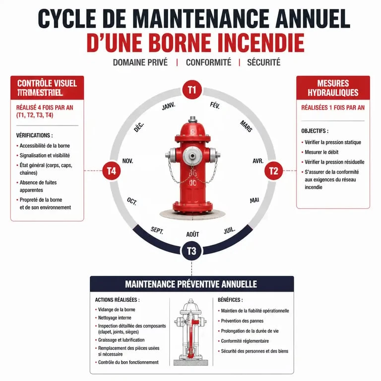 Infographie du cycle de maintenance d'une borne incendie sur domaine privé