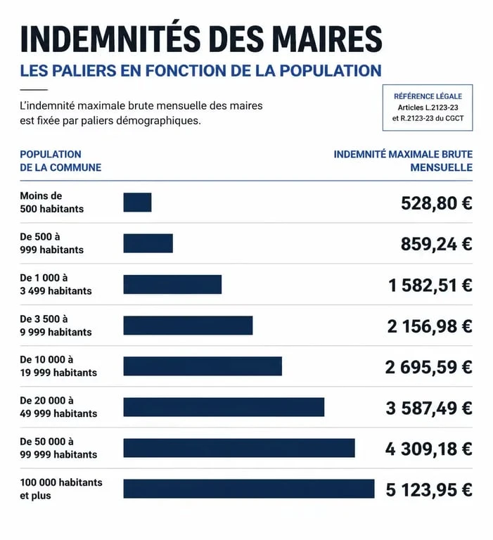 Infographie montrant les plafonds des indemnités de fonction des maires et adjoints selon la taille de la commune