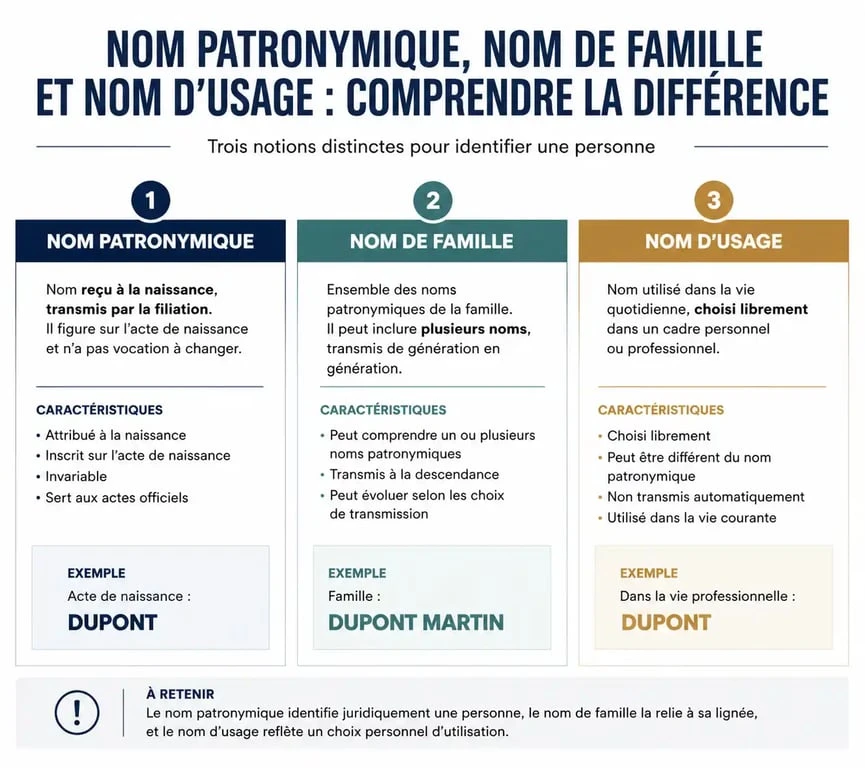 Infographie comparative des définitions juridiques : nom patronymique, nom de famille et nom d'usage.