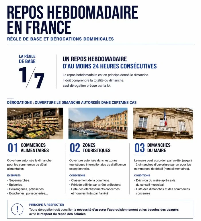 Infographie récapitulative des règles et dérogations concernant les jours d'ouverture des commerces en France