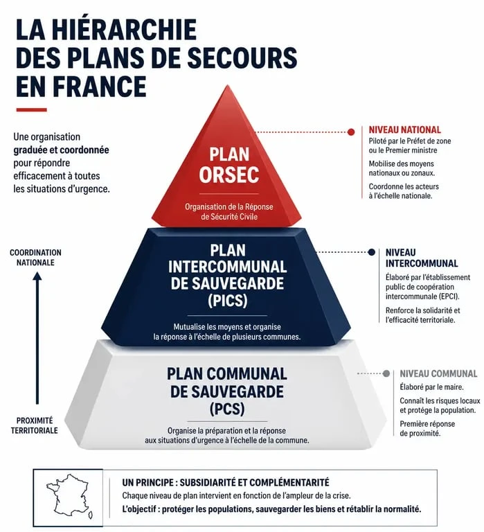 Schéma hiérarchique des plans de gestion de crise : PCS, PICS et plan ORSEC