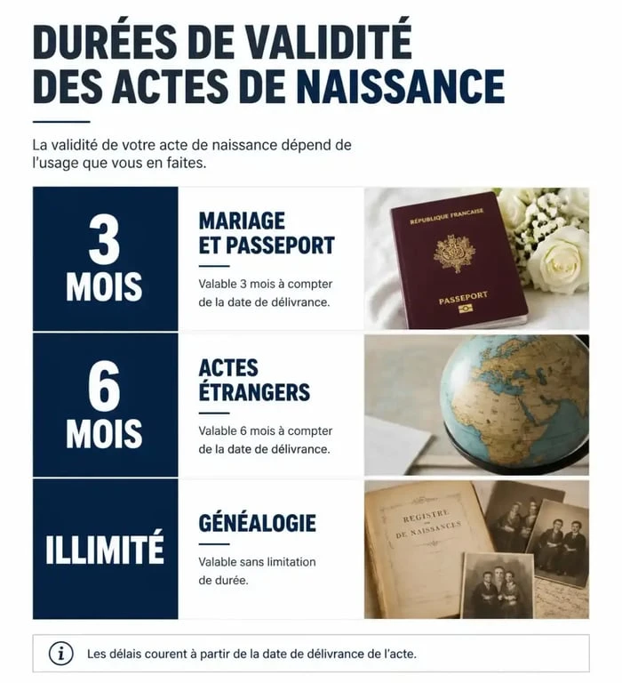 Tableau récapitulatif de la validité d'un acte de naissance pour les démarches administratives