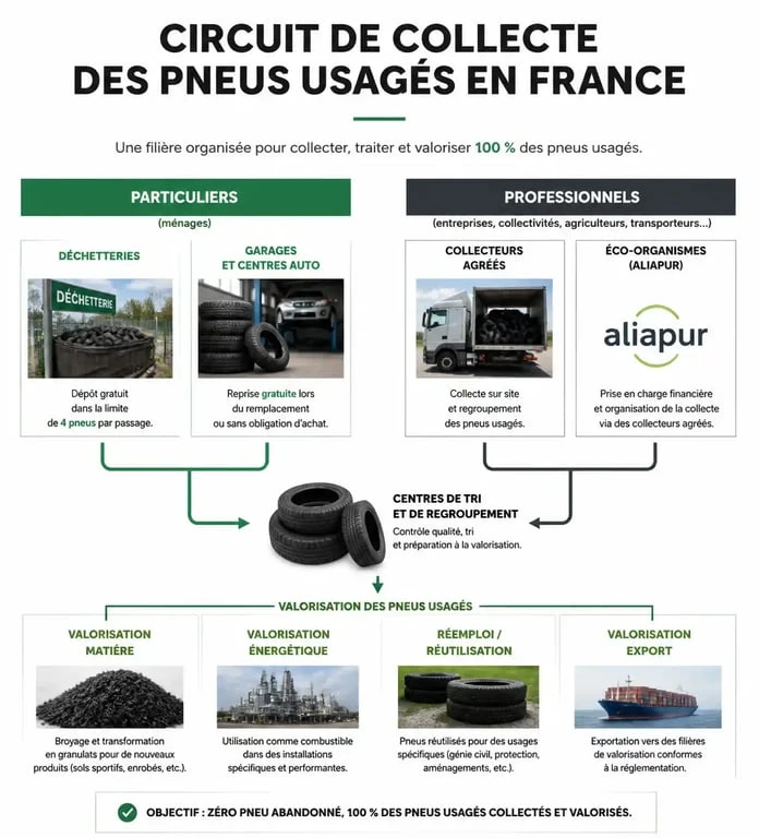Schéma du circuit de collecte et recyclage des pneus usagés pour particuliers et professionnels
