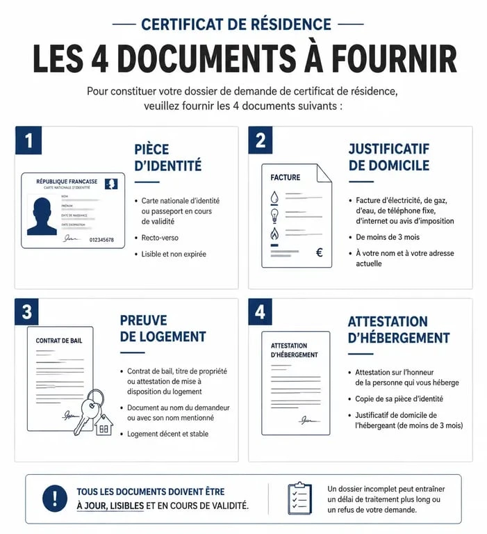 Infographie des documents nécessaires pour obtenir un certificat de résidence