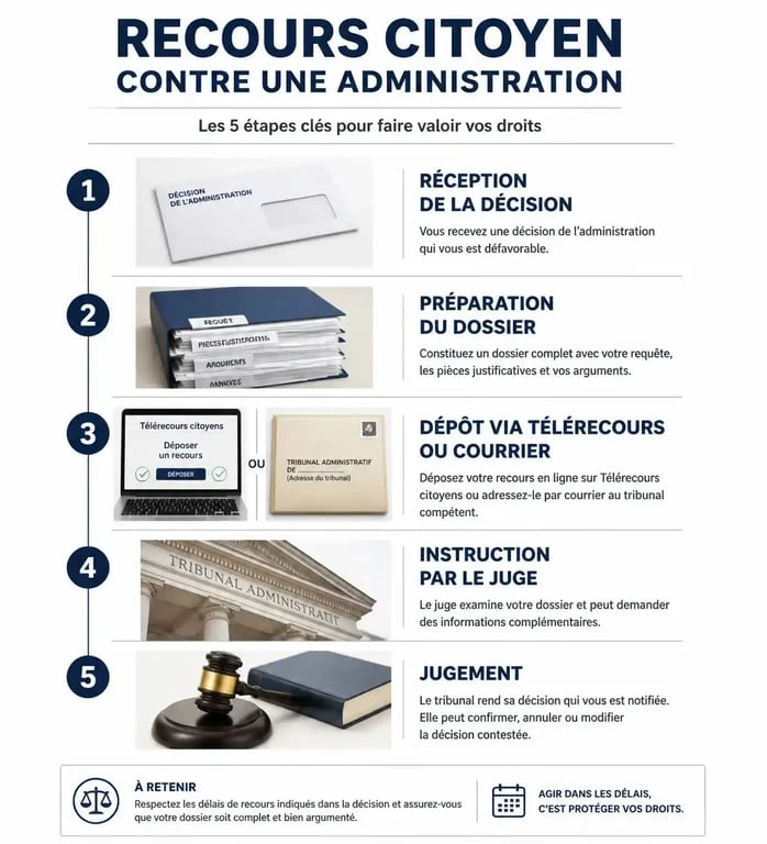 Schéma des étapes du recours citoyen contre une décision administrative