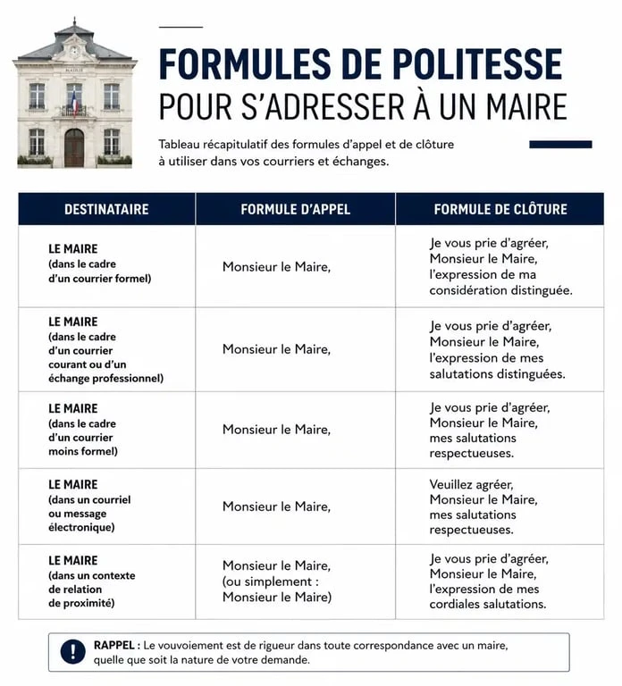 Tableau récapitulatif des formules de politesse au maire pour un courrier officiel