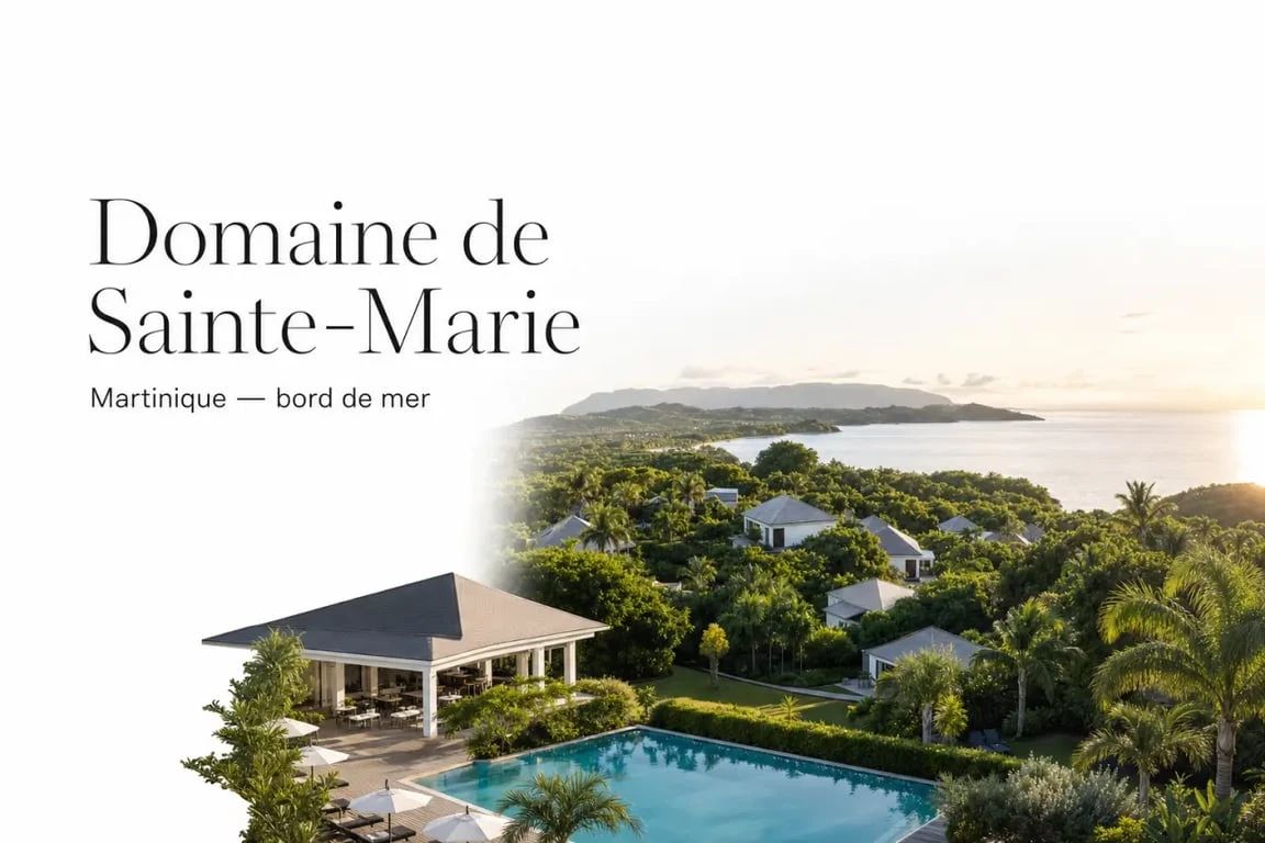 Domaine de Sainte-Marie Martinique vu d’ensemble avec villas, piscine et cadre tropical