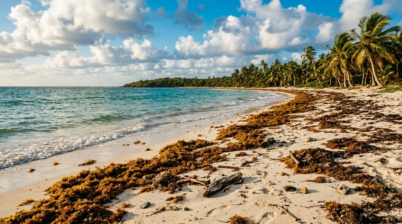 Sargasses déposées sur le rivage d’une plage tropicale