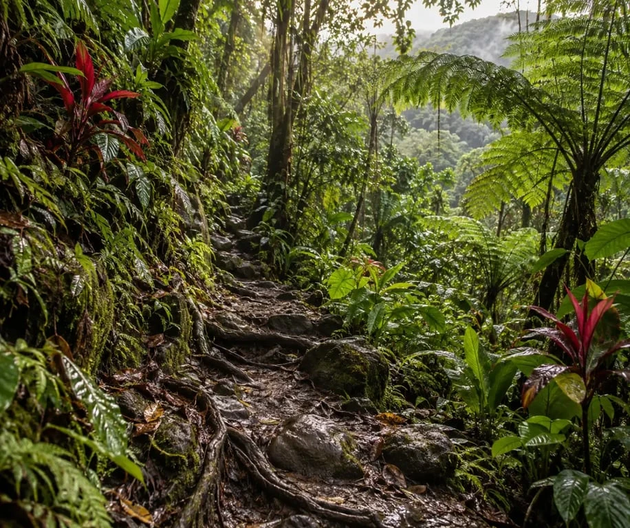 Sentier de la randonnée Trace des Jésuites en Martinique dans la forêt tropicale humide