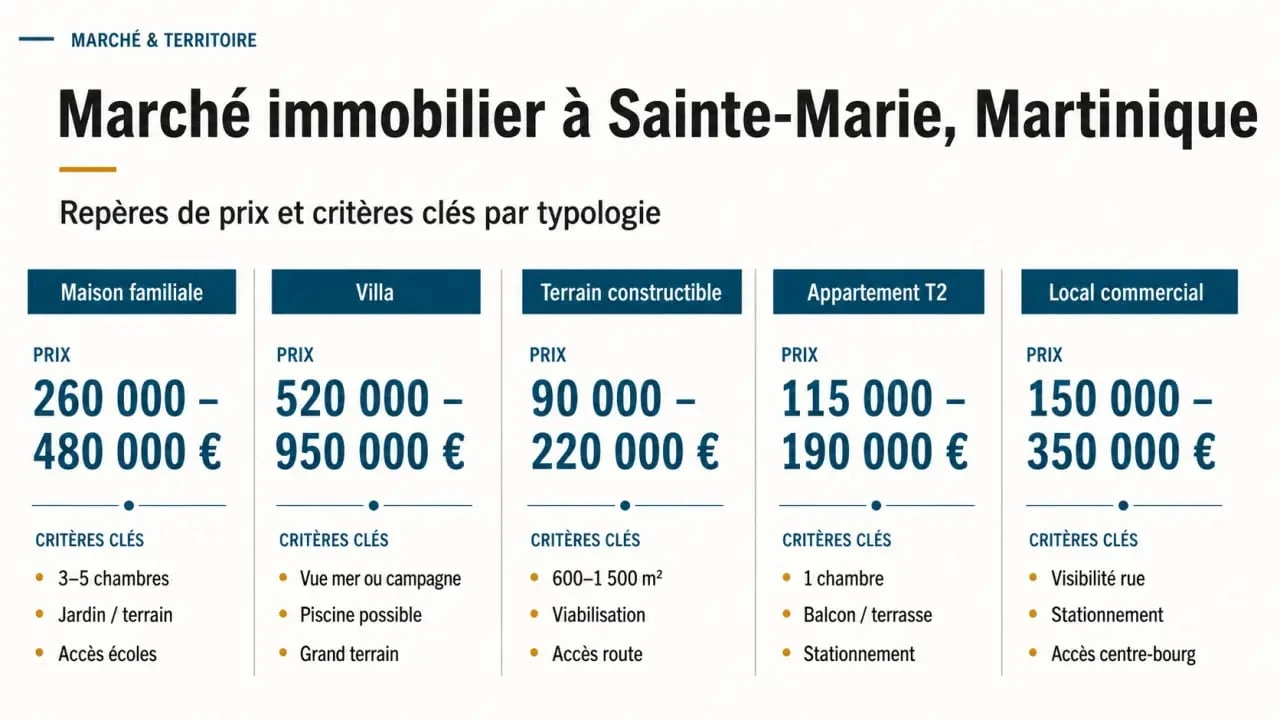 Immobilier Sainte-Marie Martinique : comparaison visuelle des prix et critères par type de bien