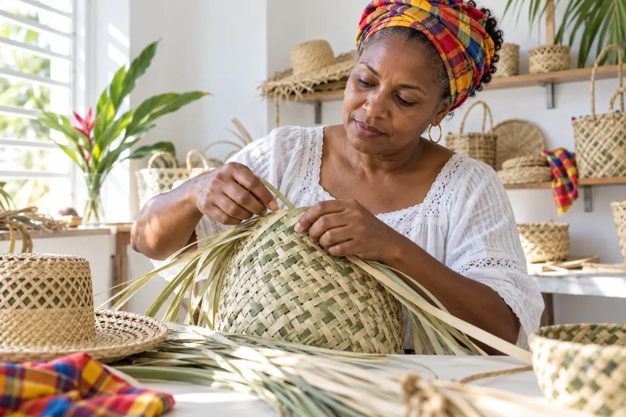 Artisanat Martinique : tressage du bakoua pour fabriquer un panier traditionnel