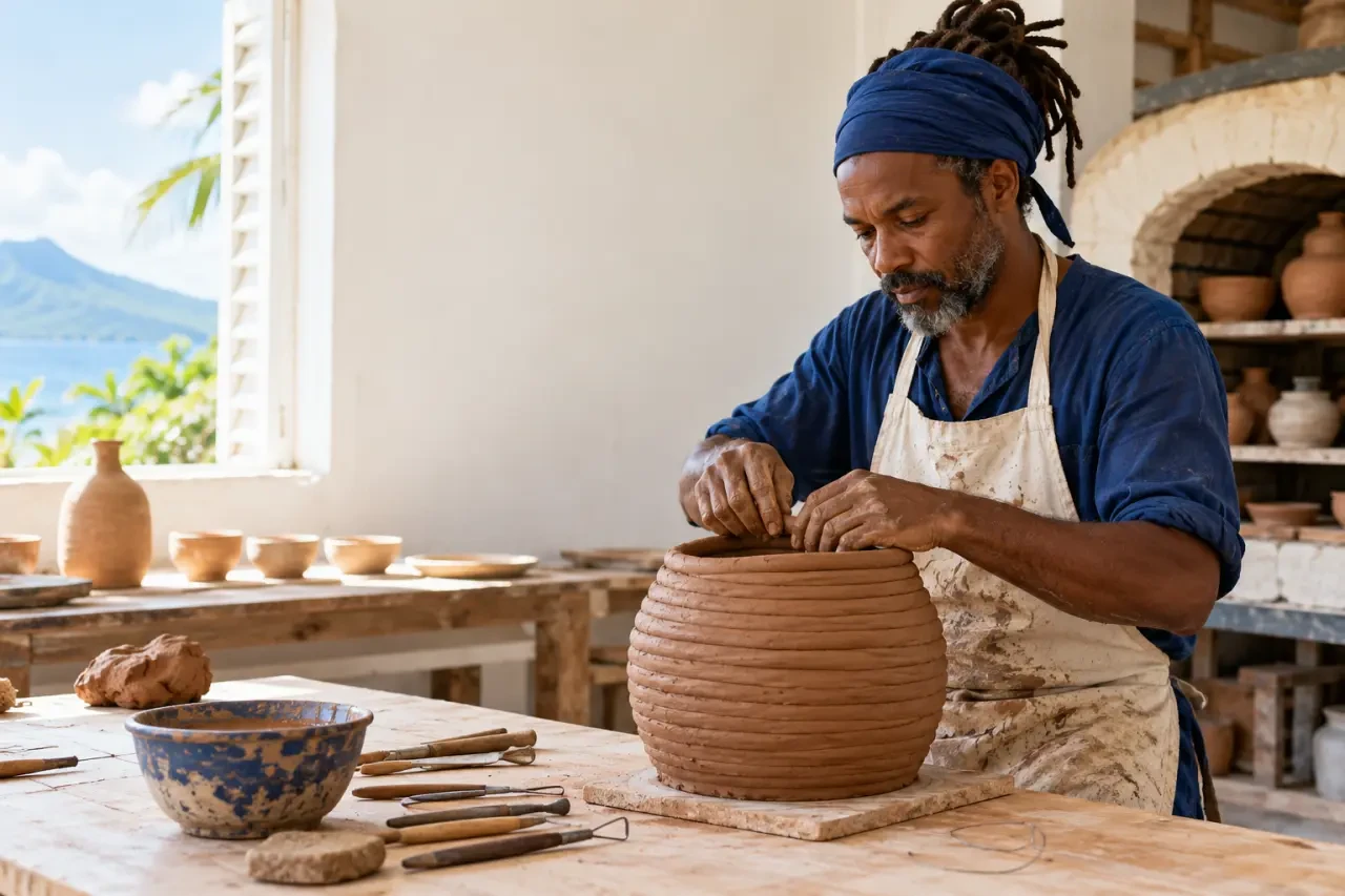 Artisanat Martinique : artisan façonnant une poterie traditionnelle dans un atelier