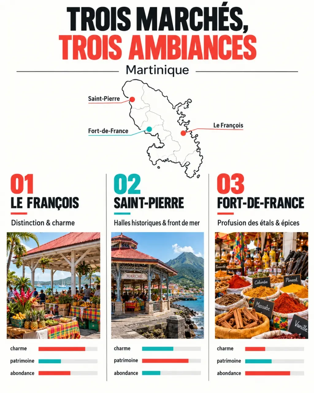 Infographie comparative du plus beau marché de Martinique entre Le François, Saint-Pierre et Fort-de-France